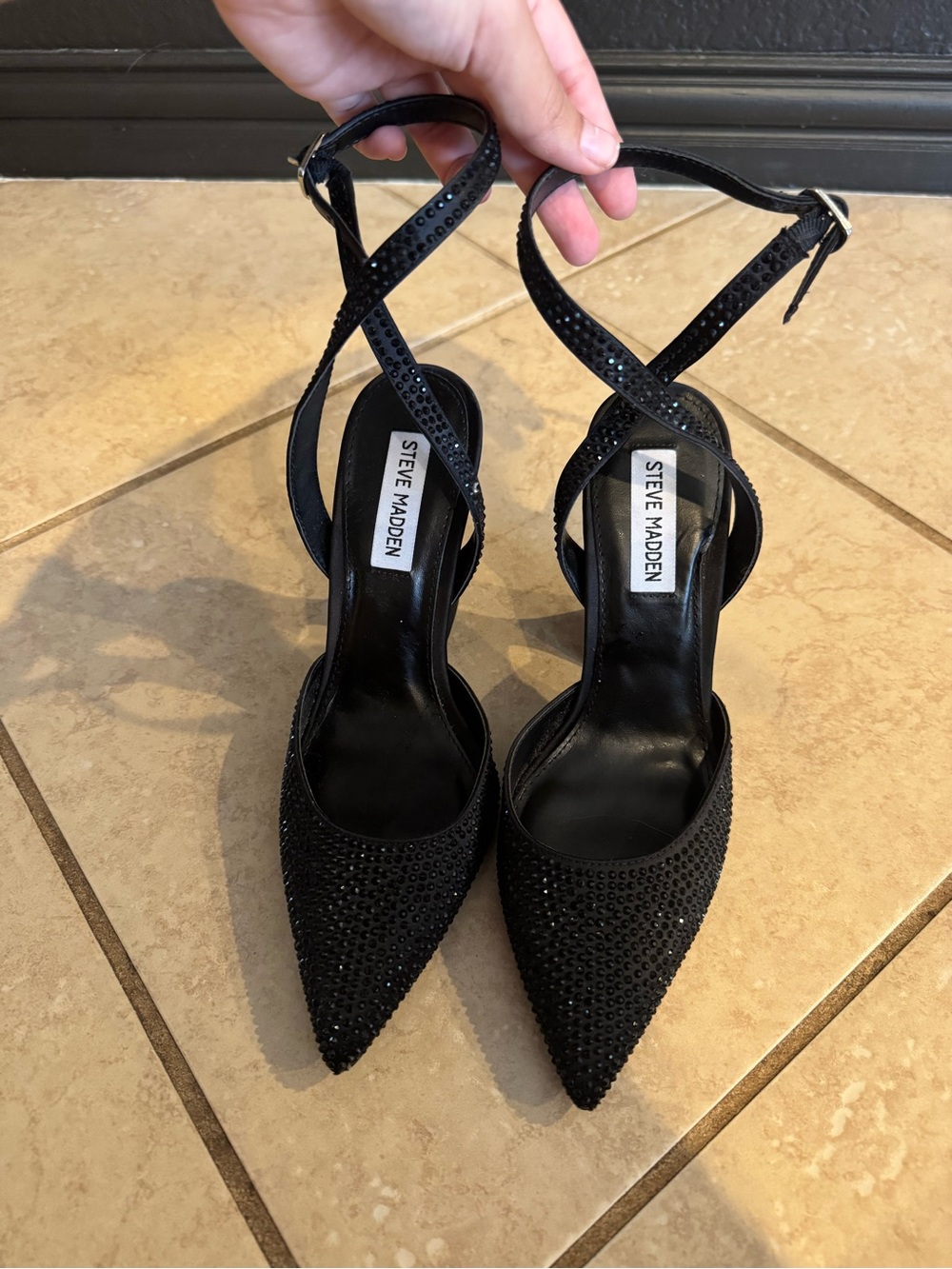 Steve Madden Black Crystal-Embellished Pointed Toe Ankle Strap Heels